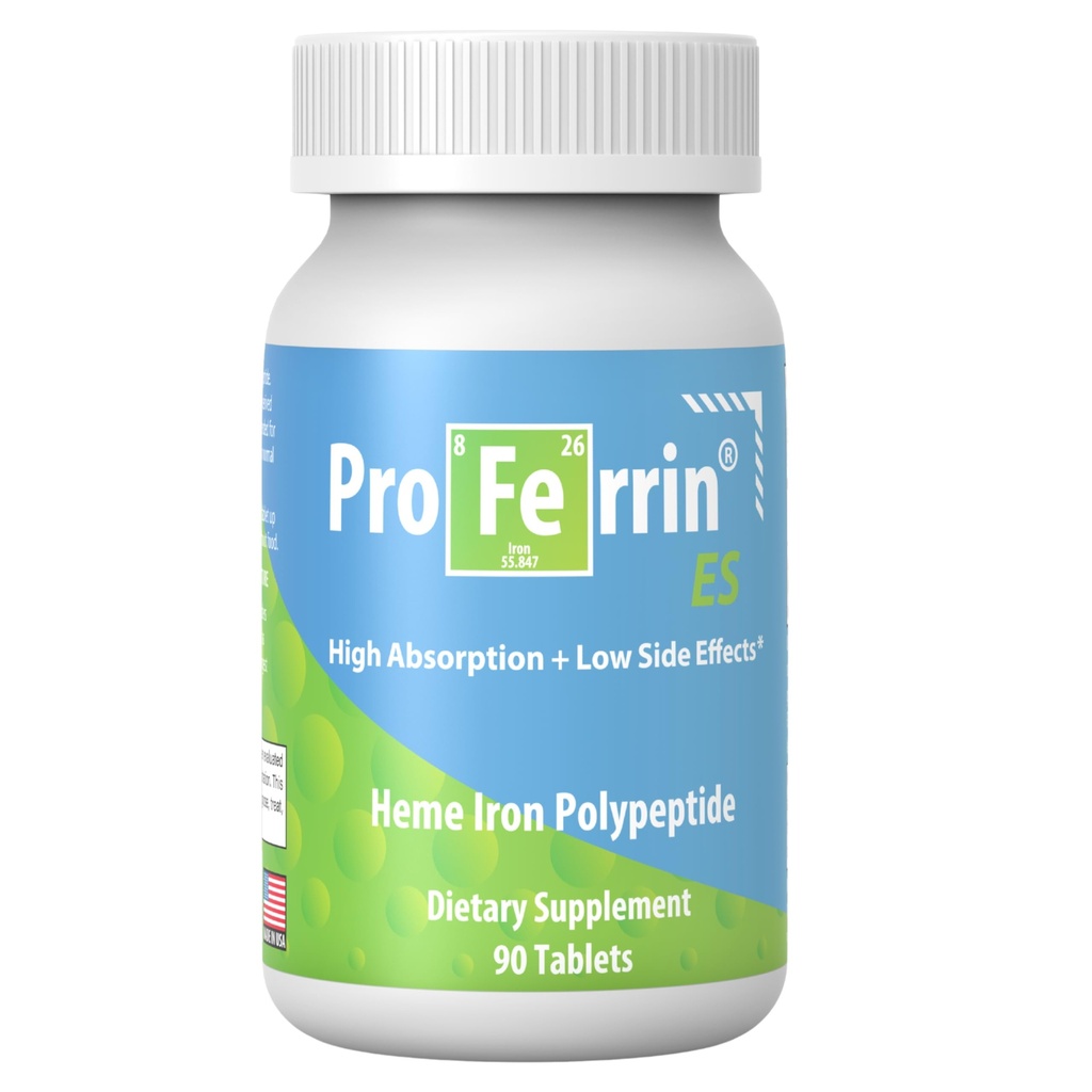 Proferrin ES- 10.5mg of high Absorbing Heme Iron Polypeptide. Made in the USA. 90 Tablets. Easy on the Gut. Not affected by Coffee, Calcium, or PPI's.