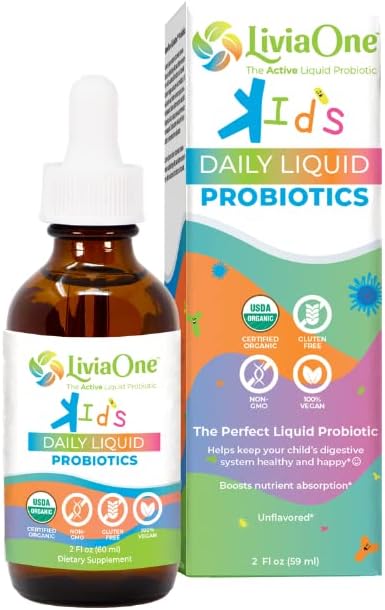 LiviaOne Daily Liquid Probiotics for Kids, Probiotic supplement for Digestive Health and Immune Support, USDA-Certified Organic, Vegan, and Allergen-Free, Non-GMO Probiotics, 2 Fl Oz (Pack of 1)