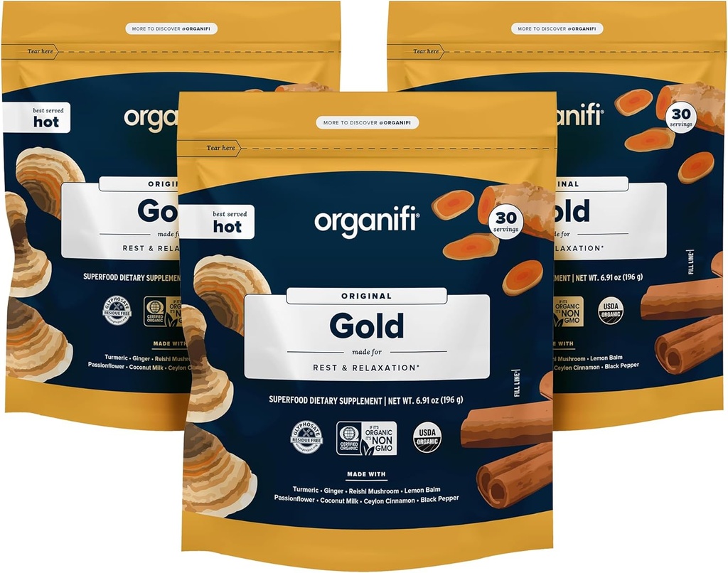 Organifi: Gull - Superfood Supplement pulver- 90 serveringer (3 Pack) - Stress Support, bedre hvile, avslapping og fremmer hvilefull søvn - Turmeric og Reishi Infusert