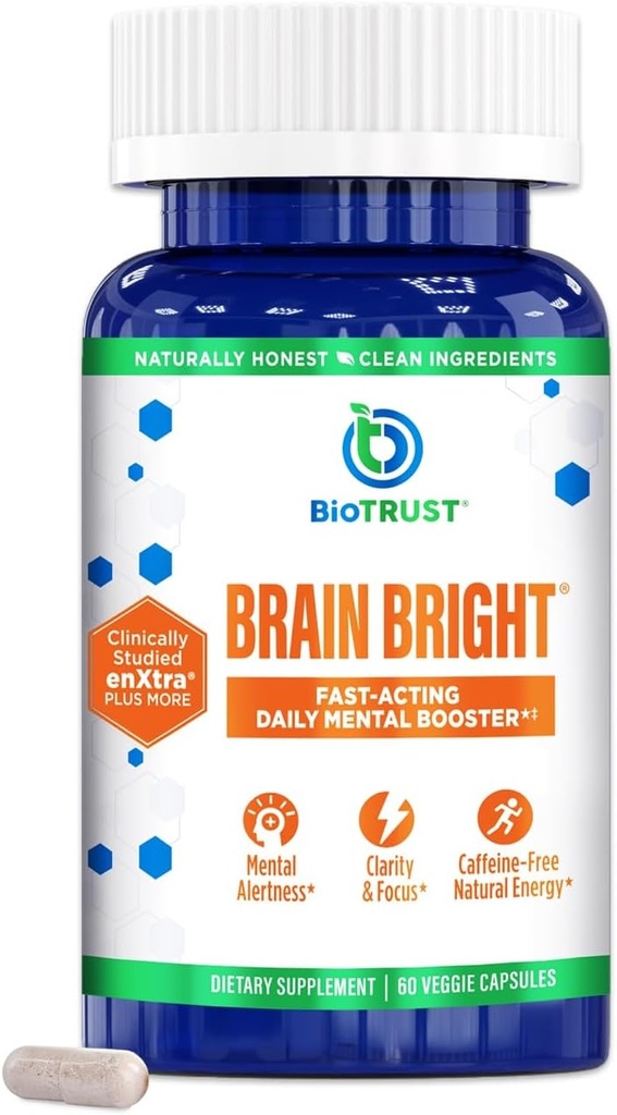 BioTrust Brain Bright – Daily Nootropic Boost for Focus, Concentration, Mental Clarity – Caffeine Free Nootropics Brain Support Supplement – Thai Ginger, Ginkgo, Folate, L-Theanine – 30 Servietten