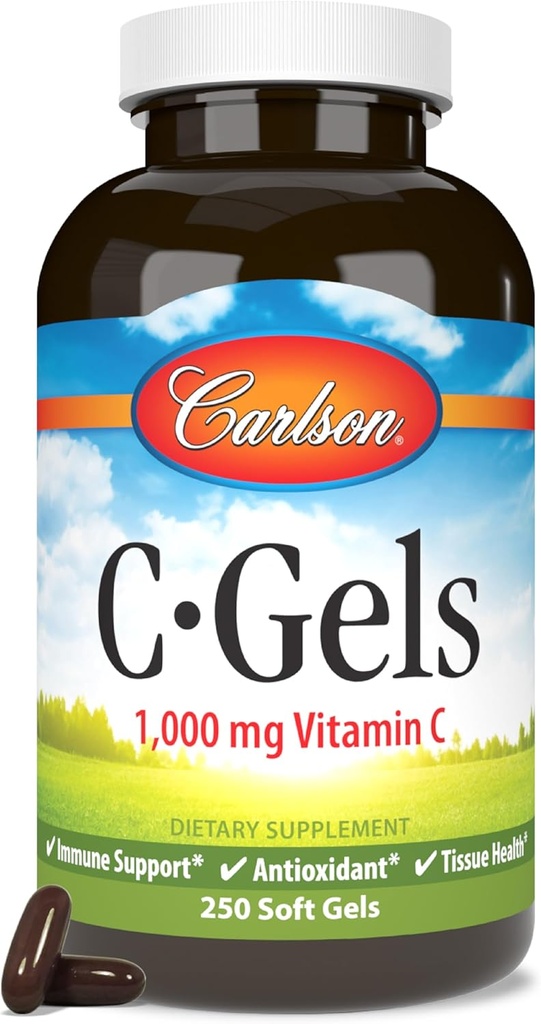 Carlson - C-Gels、1000mg、ビタミンC Softgels、免疫サポート&ハートヘルス、ビタミンC Softgels、抗酸化剤、ビタミンCサプリメント、250 Softgels