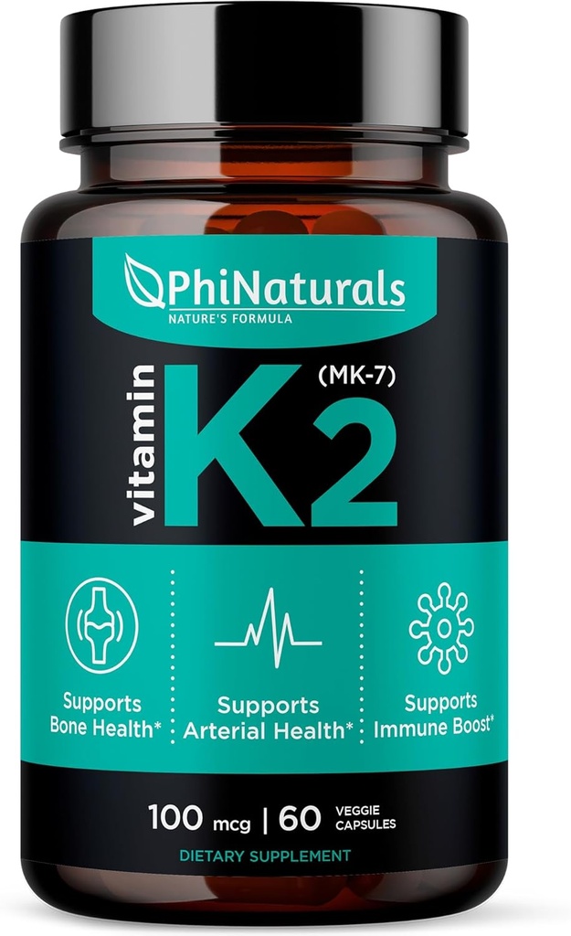 PhiNaturals Vitamina K2 Mk7 100 mcg Vegan 60 cápsulas Bone Health Heart Cardiovascular Arteries - VIT k-2 MK-7 100mcg Suplemento de Natto