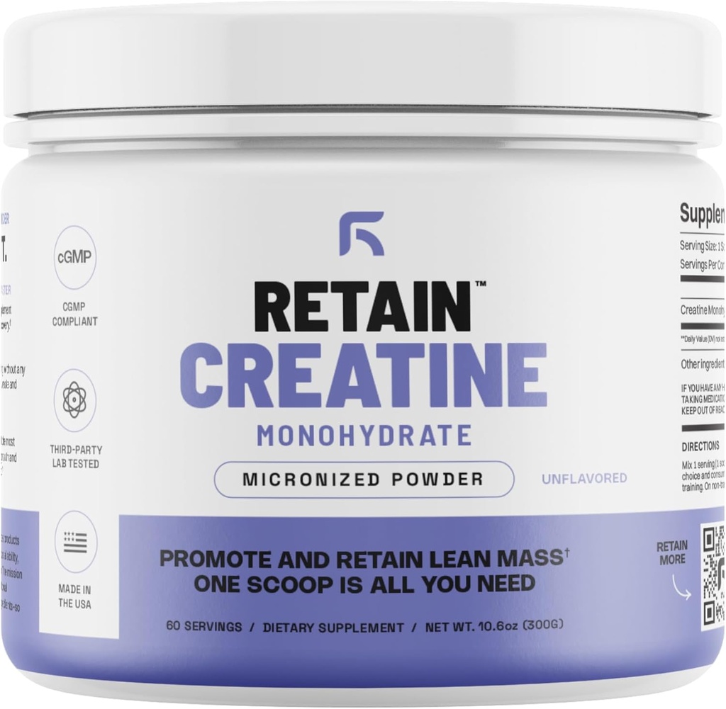 RETAIN Kreatīna monohidrāts Pulveris (60 Serv) - 100% Micronized High Absorbcija Kreatīna monohidrāts, Lean Muskuļu masa un reģenerācija