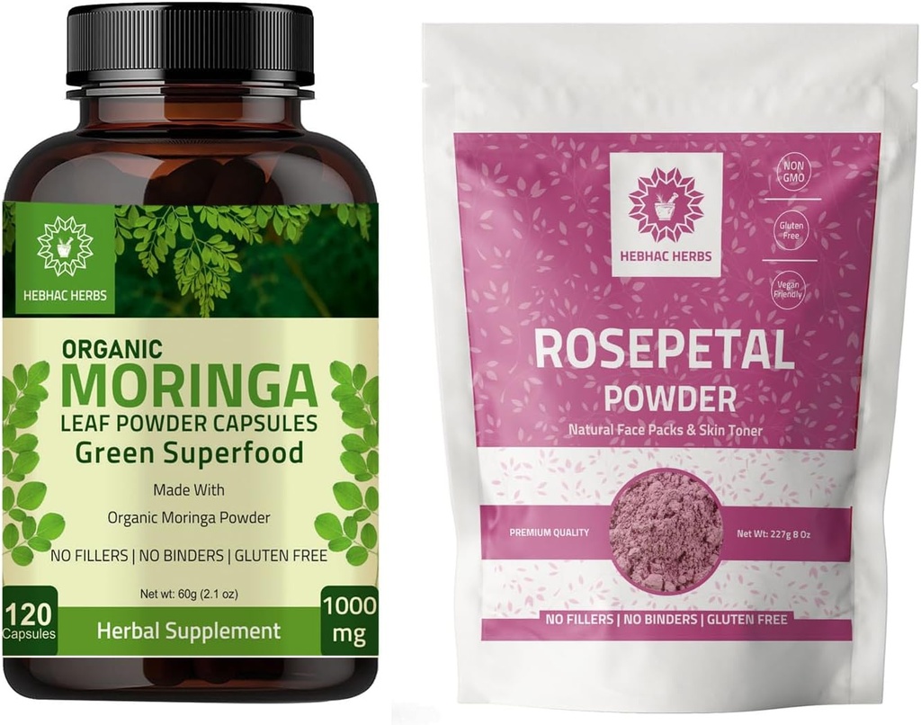 Organska Moringa Kapsule 120 Kapsule 1000 mg in Rose Petal prašek 227g 