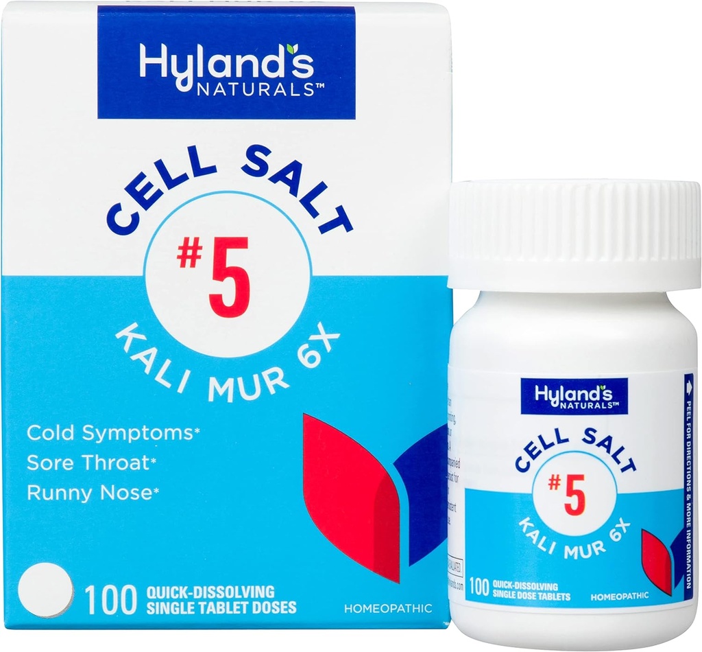 Hyland 's No. 5 Cell Salt Kali Mur 6X tabletter, Cold Medicine og Sore Throat Relief, Natural Treatment of Colds, Sore Throats, Runny Næse, og Burns, Quick Opløsning Tablets, 100 Greve