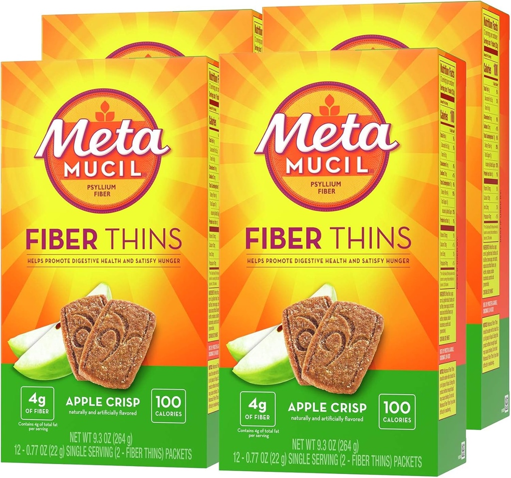 Metamucil, Fiber Thins, Daily Psyllium Husk Fiber Supplement, Supports Digestive Health and Satisfies Hunger, Apple Crisp Flavor, 48 Total Servings (4 Packs of 12)