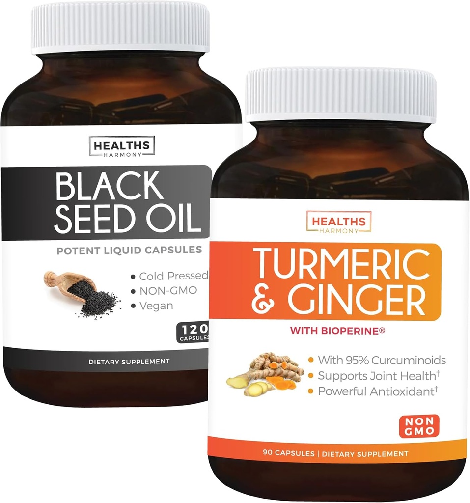 Turmeric & Ginger & Black Seed Oil - Golden Harmony Blend - Turmeric & Ginger ar 95% Kurkuminoīdi & Bioperīns (90 kapsulas) & Melnā sēklu eļļa (Non-GMO) 100% Cumin Seed Oil