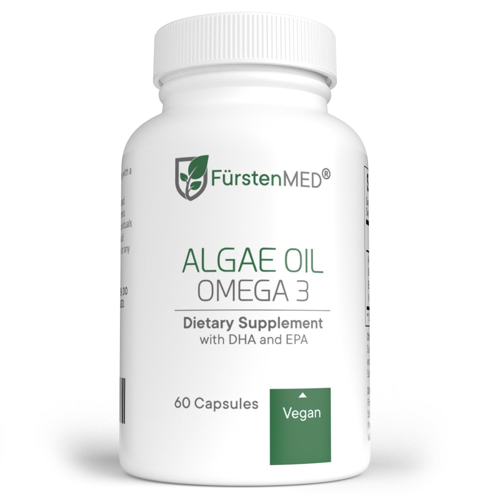 FürstenMED Algae Oil Vegan Omega 3 - Heart, Brain & Joint Health Support - 2000mg Algae Oil of which 700mg DHA & 320mg EPA + 3, 6mg Vitamin E per Daily Dose - Essential Fatty Acids