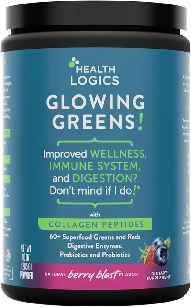 Health Logics Glowing Greens Superfood Powder with Collagen Peptides, Dgestive Enzymes, Prebiootit ja Probiootit 