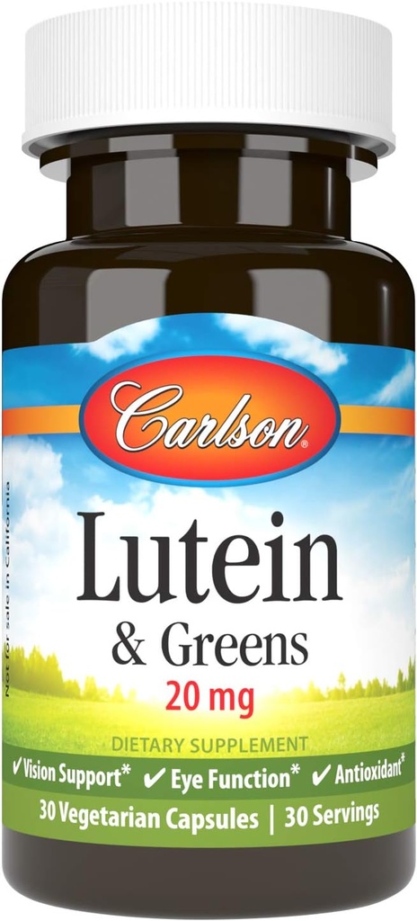 Carlson - Lutein & Greens, 20 mg, Visjon støtte og øye funksjon, Antioksidant, 30 vegetariske kapsler