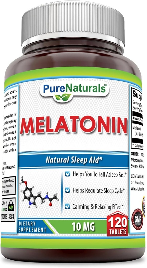 Pure Naturals Melatonin supplement | 10 Mg Per Serving - 120 Tablets - Non-GMO - Gluten-Free | Made in USA