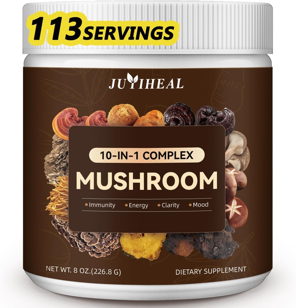 10-en-1 Poudre de champignons, Complexe de champignons - Lions Mane, Reishi, Shiitake, Chaga, Turkey Tail, Cordyceps, Maitake & More, Poudre de complément de champignons pour l'énergie, la mémoire, le focus et le soutien immunitaire 8oz