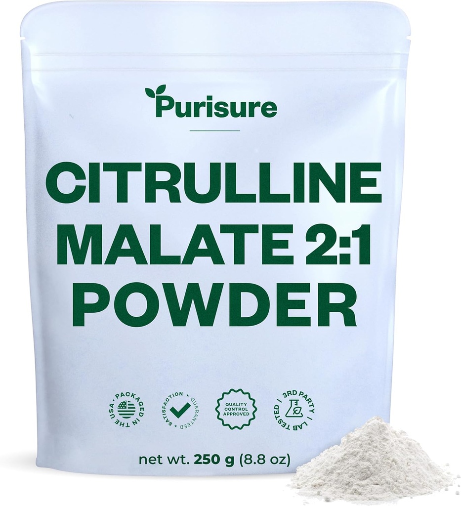Purisure L-Citrulline אבקת 250g, Premium Citrulline 2:1 תוספת Malate עבור כוח ביצועים ואנרגיה, טרום-Workout Citrulline Malate אבקה - שיפור משאבות שרירים ושיקום - 83 משרתים
