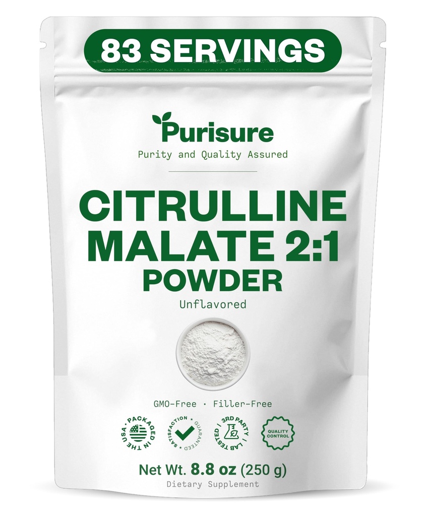Purisure L-Citrulline Powder 250g, Premium Citrulline 2:1 Malate Supplement for Strength Performance and Energy, Pre-Workout Citrulline Malate Powder - Enhance Muscle Pumps and Recovery - 83 Servings