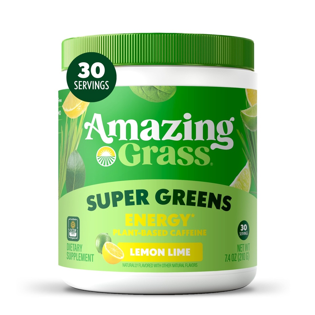 Amazing Grass Super Greens Powder Energy, Organic Greens Blend Smoothie Supplement, Plant Based Caffeine, Yerba Mate, Green Tea Leaf, Beet Root, Lemon Lime, 30 Servings, 7.4 Ounce (Packaging May Vary)