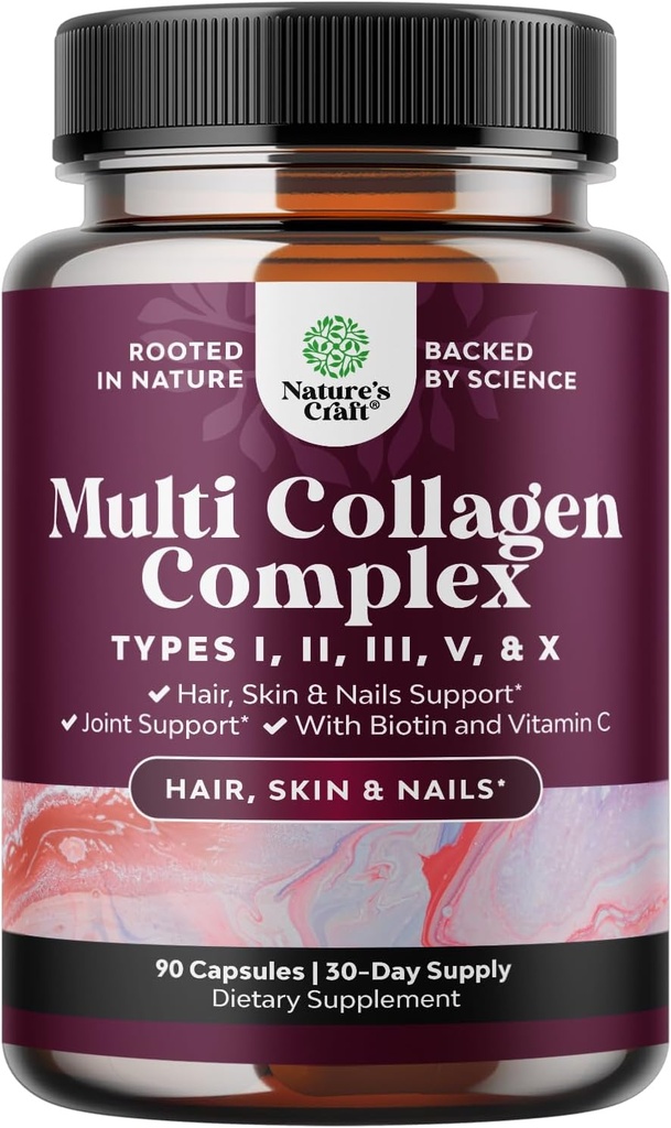 Advanced Multi Collagen Complex - Ikääntymätön Multi Collagen Peptides lisäravinteet tyypin 1 2 3 5 & X & Biotiini hiukset, iho ja kynnet Vitamiinit - Biotiini täydentää naisten ja miesten - 90