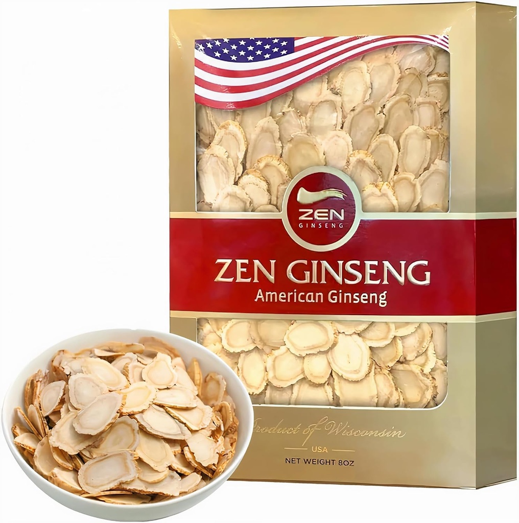 Zen American Wisconsin Ginseng Slices - Peningkatan Energi, Performance, & Mental Health for Men & Women (8oz. Box)