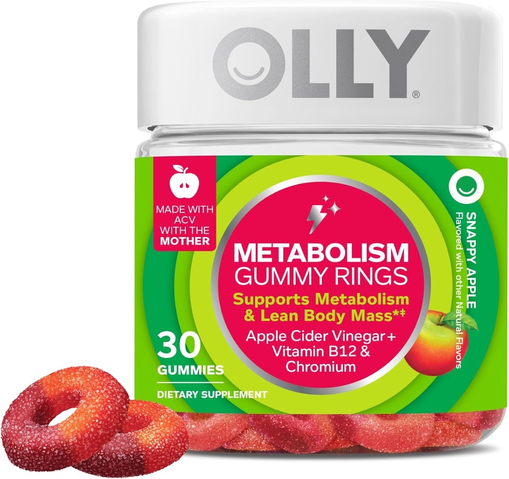 OLLY Metabolizm Gummy Rings, Apple Cider Vinegar, Vitamin B12, Chromium, Enerji və Digestive Health, Chewable, Tamam Apple Flavor - 30 Count