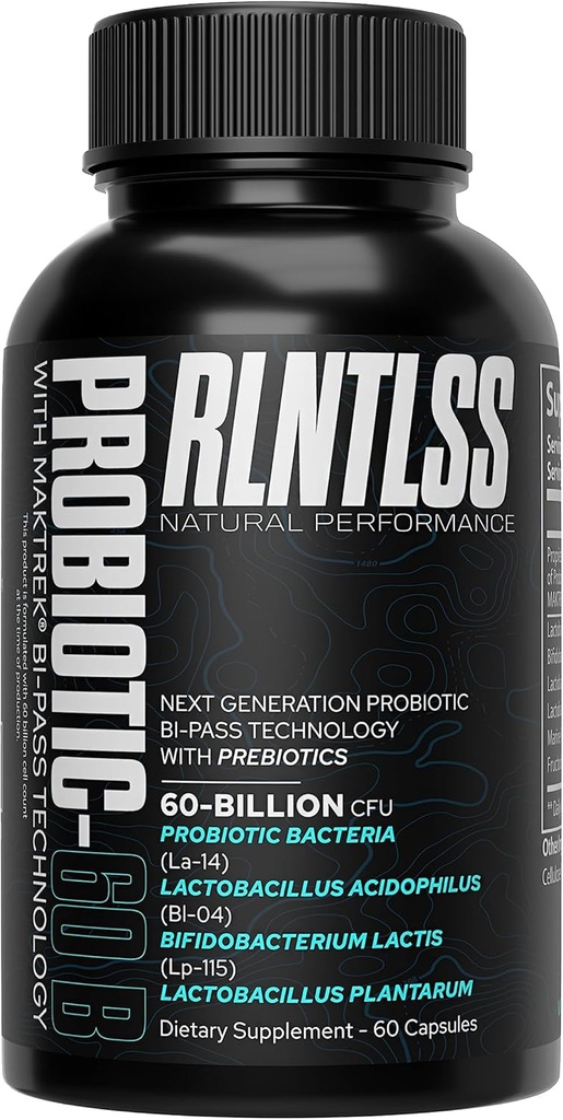 RLNTLSS - Probiotic 60 Billion CFU - 4 Strain Blend - Premium Suplemen - Men and Women - Shelf Stable Probiotic Capsule - Probiotic dan Prebiotic - (60 Count Bottle)