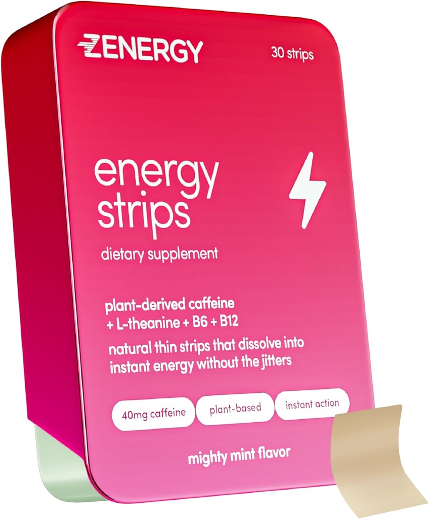 ZENERGY Enerģijas orālās lentes - Piparmētra Flavor - 40mg Kofeīns + 30mg L-teanīns + 100% B6 un B12 vitamīns - - 0 Cukurs, 0 Kalorija, 0 Gluten, 0 Aspartāms, Vegan, Augs-pamatots, Tūlītēja darbība - - 1 Tin = 30 sloksnes