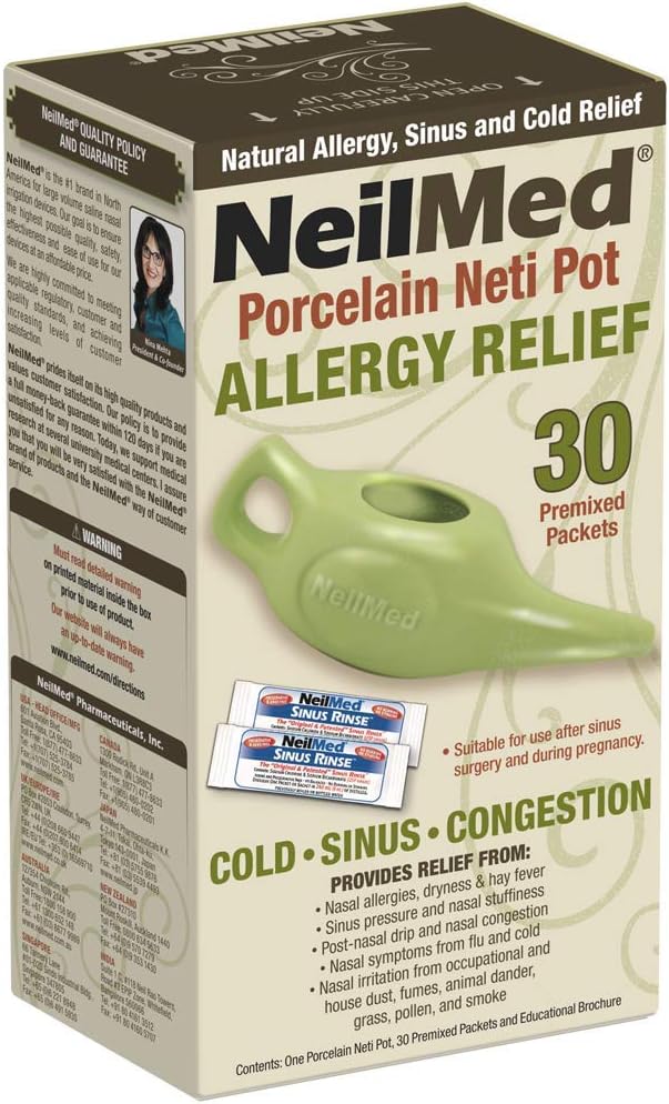 NeilMed Classic Porcelain Neti Pot Green s 30 vnaprej pripravljenimi paketi