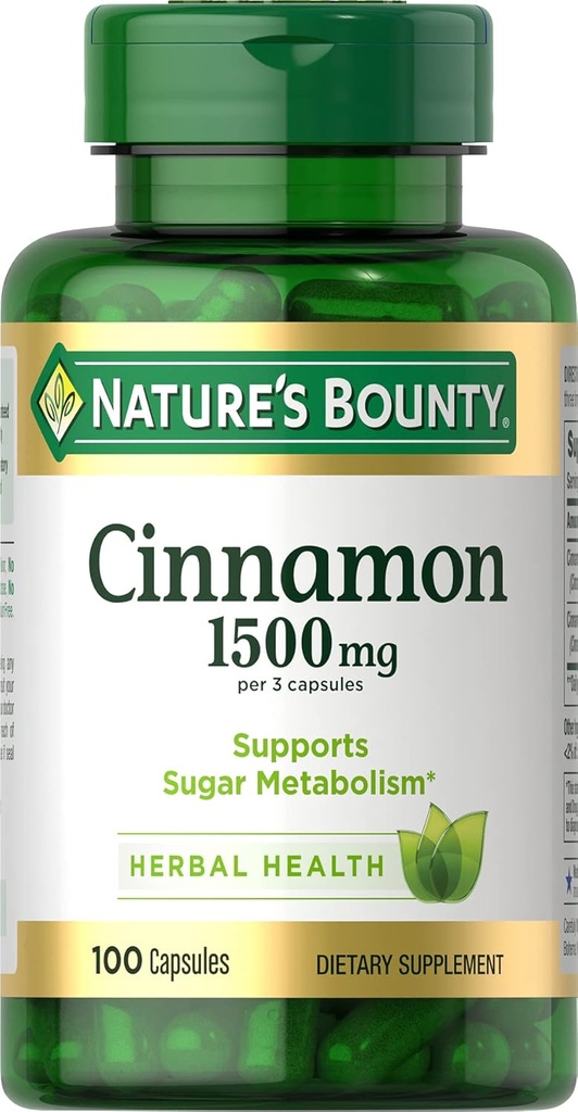 Naturens Bounty Cinnamon kapslar, Herbal Supplement, stöder sockermetabolism, 1500mg, 100 kapslar