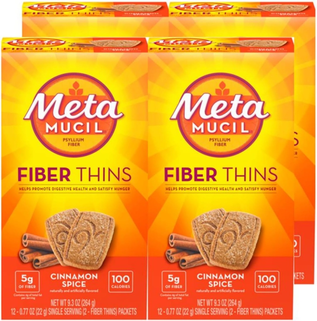 Metamucil Fiber Thins, Daily Fiber Supplement Snack, Psyllium Husk Powder, 5g Fiber per portion, stöder Digestive Health och tillfredsställer Hunger, Cinnamon Spice Flavor, pack av 4, 12 portioner varje
