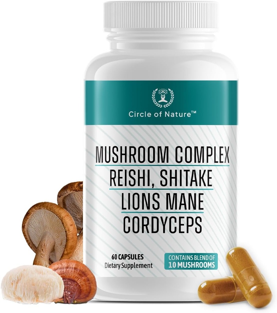 Brain Booster Mushroom Complex Supplement, Natuurlijke Mood Uplifter met 10 Functie Paddenstoelen, Lions Mane, Reishi, Cordyceps en 7 Meer in Capsules 1330mg Made in USA, 60 Capsules