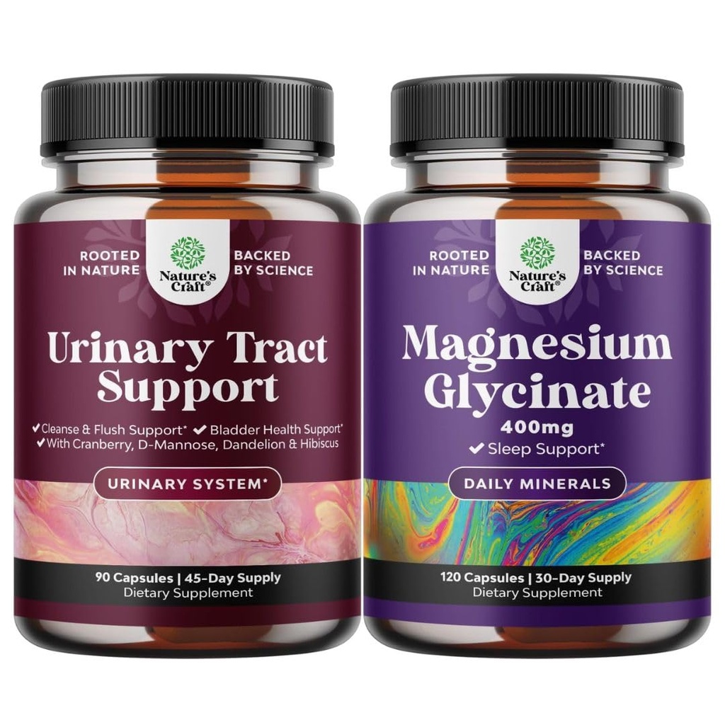 Bundle of D Mannose Capsules for Urinary Tract Health for Women Fast Acting Super Concentrated Cranberry 90ct and Pure Magnesium Glycinate 400mg Per Serving for Mood Sleep and Relaxation