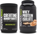 NutraBio Creatine Monohydrate, Нефлаворед, 500г і сироватковий протеїн Isolate, Cinnamon Sugar Donut, Supplement Bundle - М'язова енергія, підвищення м'язів, відновлення і міцність