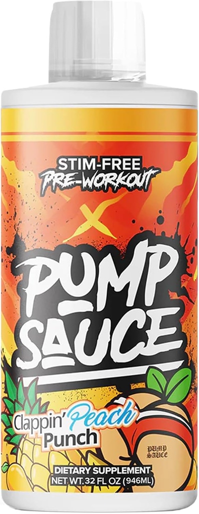 Pump Sauce Pre- Workout - 32 oz, Clappin Peach Punch, No Caffeine, Full Spectrum Liquid, Gluten Free, Vegan, Zero Sugar