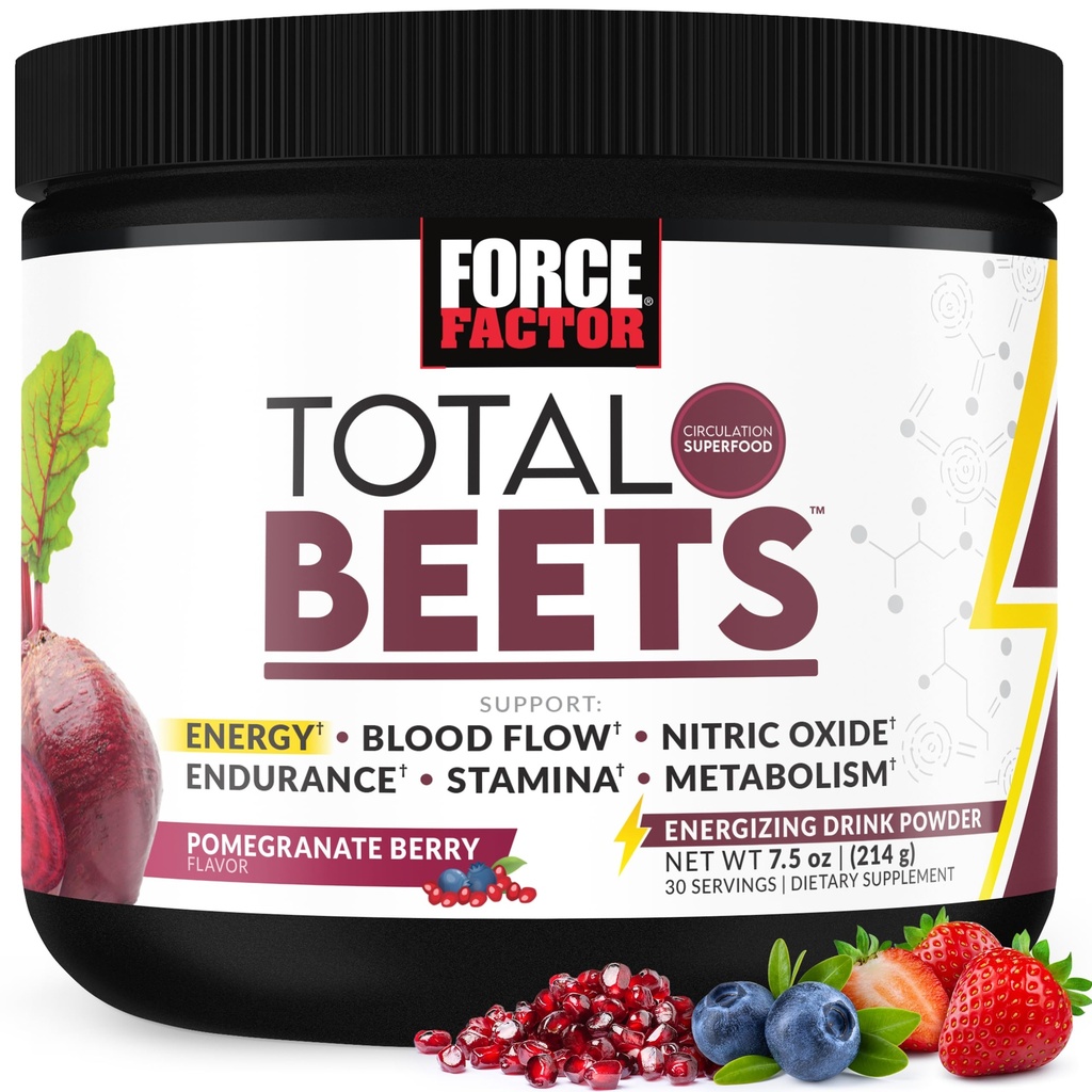 Force Factor Total Beets Energy Drink Mix, Superfood Beet Root Powder with Nitrates to Boost Energy and Support Circulation, Blood Flow, Nitric Oxide and Stamina, Heart Health Supplement, 30 Servings