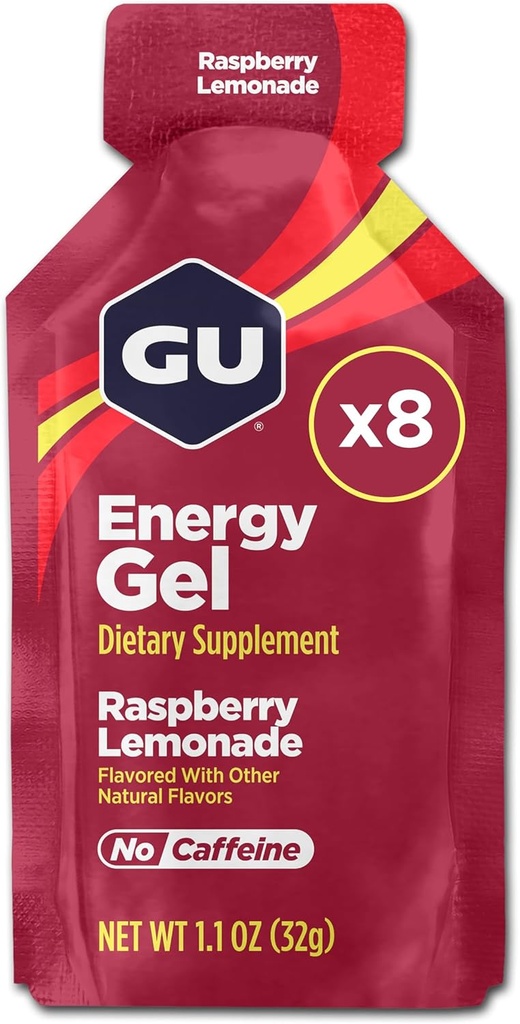 GU Energy Original Sports Nutrition Energy Gel, 8-Count, Vegan, Gluten-Free, Košer, a Dairy-Free On-The-Go Energy for Any Workout, Malinová limonáda