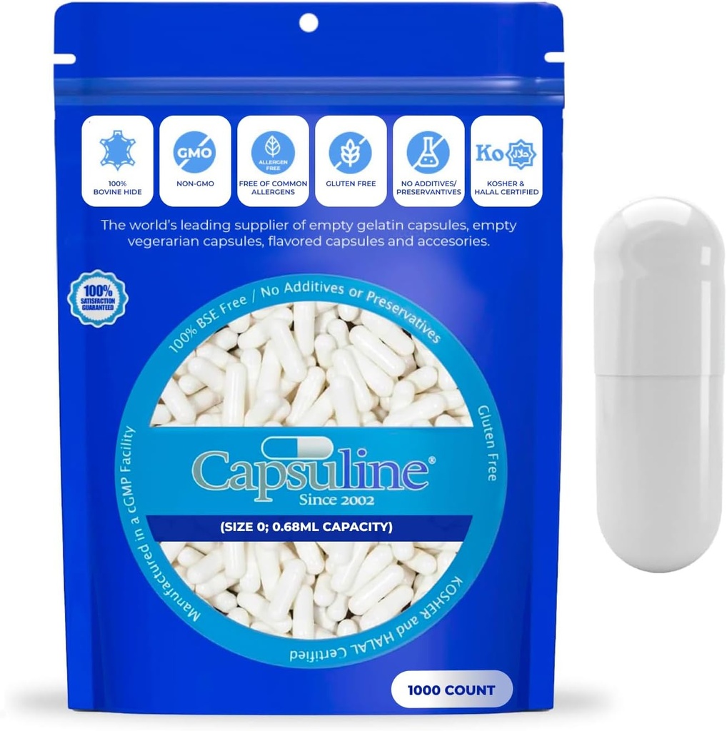 Capsuline 大小 0 - 彩色白色空格莱汀 Capsules - 1000 计数 - 空格佩尔 Capsules - DIY 纯波文佩尔 Capsule 填充 - 空格佩尔 - 科舍尔 - 非GMO 认证