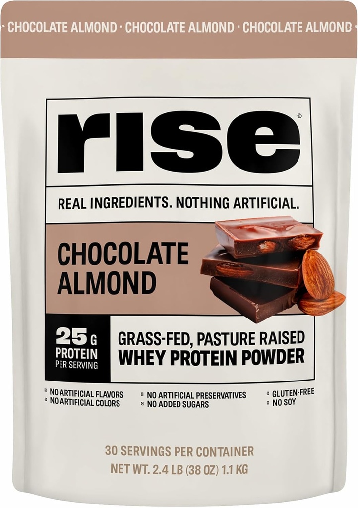 Rise Grass-Fed Whey Protein Powder - Шоколад Almond  по 25 грама Протеин без изкуствени аромати, цветове или консерванти - Без захар, без глутен, соя безплатно (2.4 кг)