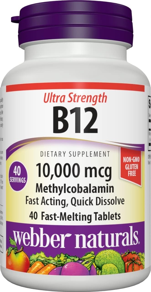 Webber Naturals Vitamin B12 10.000 mcg, Ultra Strength, 40 Tel, Fast Solution Tablets, Vitamine Supplement Ondersteuning voor Energie Metabolisme, Immune en Hart Gezondheid, Vegan formule