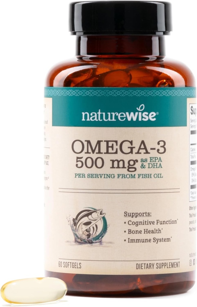 NatureWise Omega 3 Fish Oil - 500 mg per pil - EPA & DHA - Immune Support, Brain & Optimal Wellness - Gluten and Soy Free, Non-GMO - 60 Softgels [51]Maande voorraad]