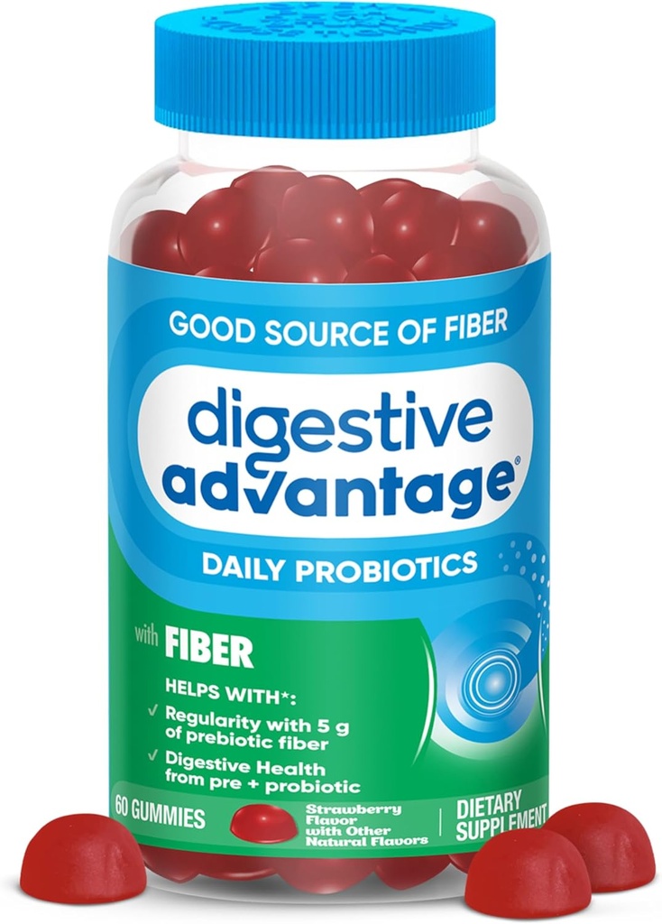 Adviously Prebiotic Prebiotic Fiber Gummies + Progities for Gut Health, 5g Prebiotic Fiber Plus 1 Milyar CFU Probiotic, Support Digetical Health & Regularitas, (60ct Bottle) Strawberry Flavor *
