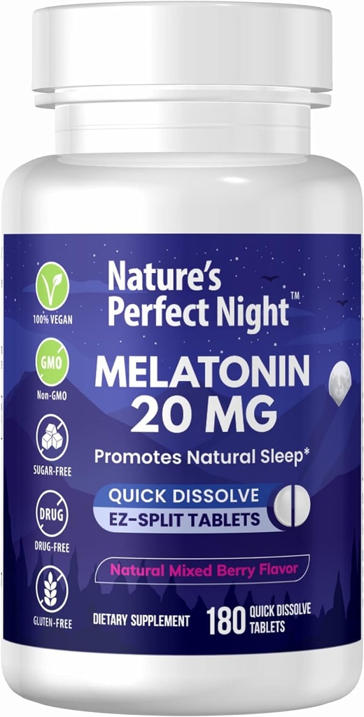 Nature's Perfect Night | Melatonin 20mg | 180 Quick Dissolve Tablets | Natural Mix Berry Flavor | Yüksək Potency | Sugar Free | Vegan | Gluten Pulsuz