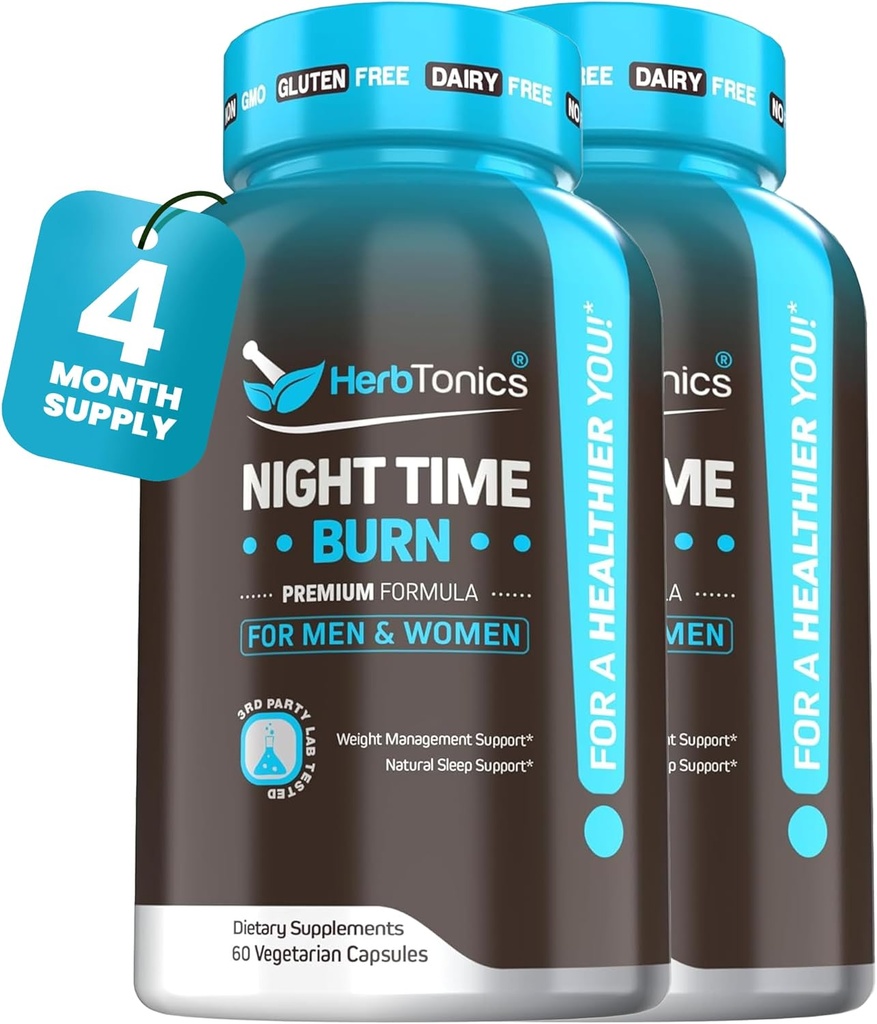Herbtonics Night Time Burn & Sleep Complex stöder nattmetabolism, stressavlastning och djup sömn. Inkluderar Melatonin, Valerian och Green Tea - Vegan Bedtime Weight Management (120 kapslar)