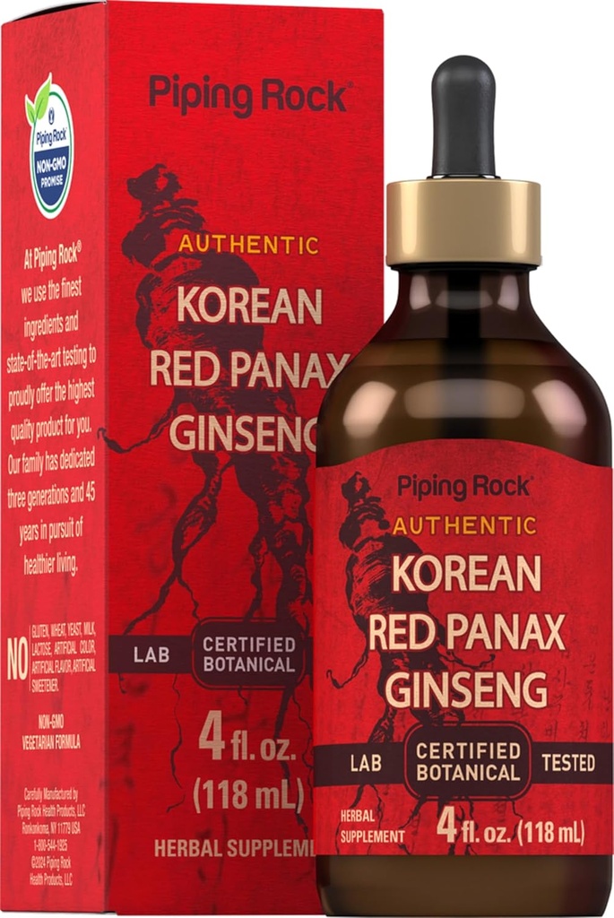 Piping Rock Koreański czerwony ekstrakt płynny Ginseng 124; 4 Fl Oz 124; Panax Root Extract 124; Alkohol Wolna nalewka 124; Wegetarianin, Non-GMO, Gluten