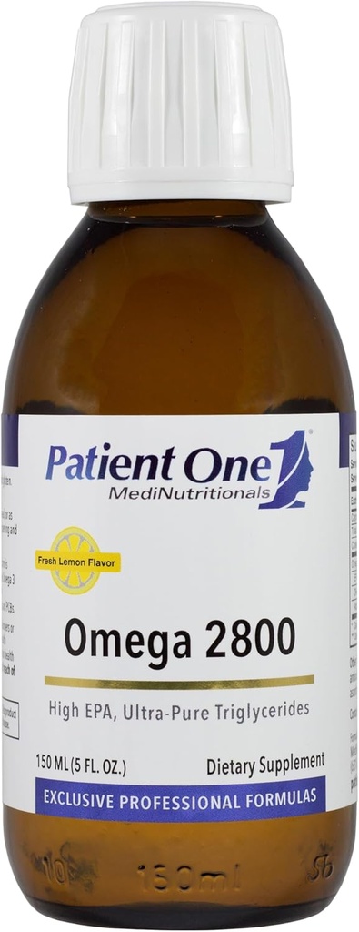 Patient One Omega 2800 Flydende • 124; supplement til støtte hjerte, kognitiv og fælles sundhed * • 124; High- Potency Omega-3 Fish Oil • 124; Lemon Flavor • 124; 5 fl oz