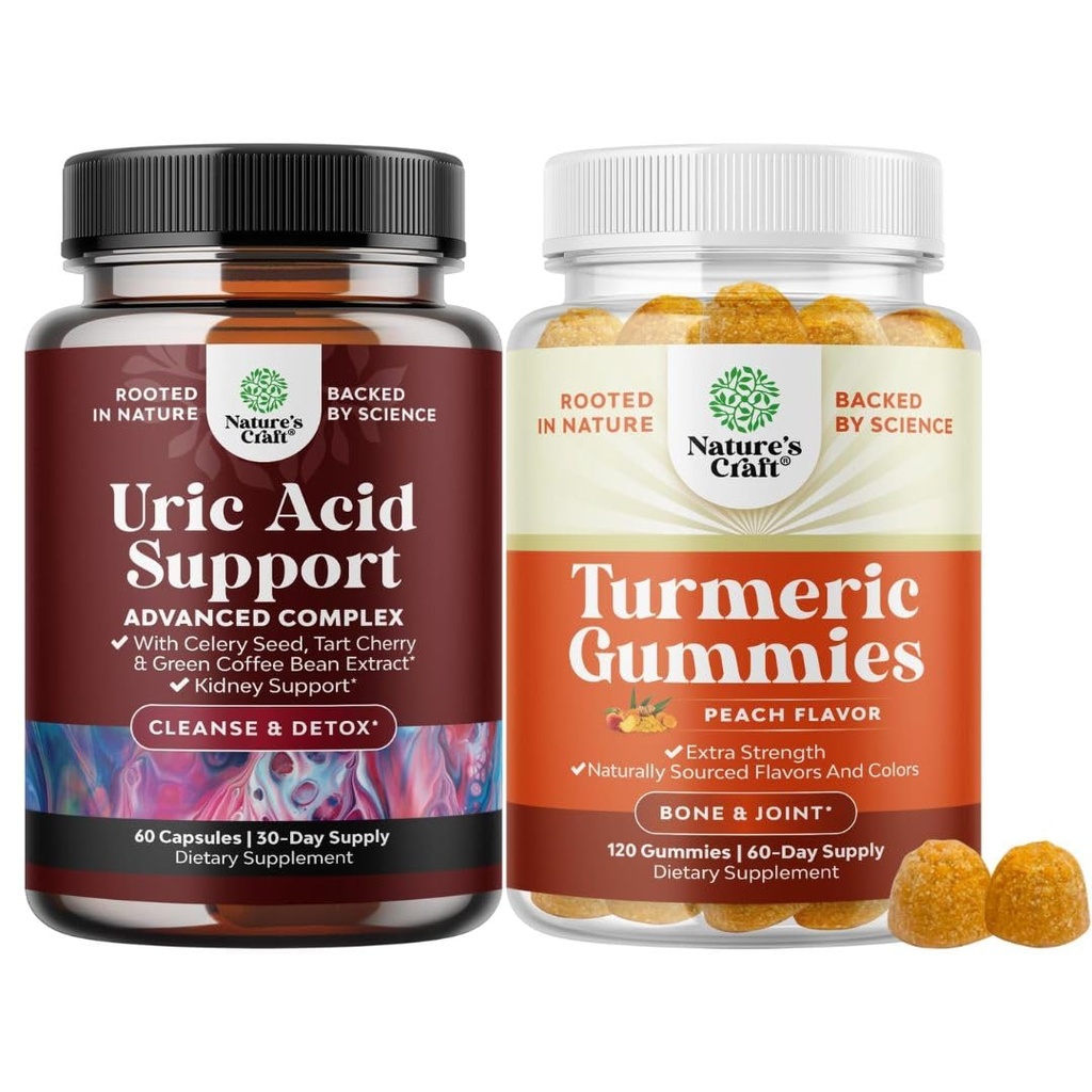 Bundle of Green Coffee Bean Extract for Uric Acid Cleanse & Detox with Turmeric, Tart Cherry & Celery Seed and Turmeric Gummies Peach Flavor - Extra Strength Joint Support with Black Pepper Extract