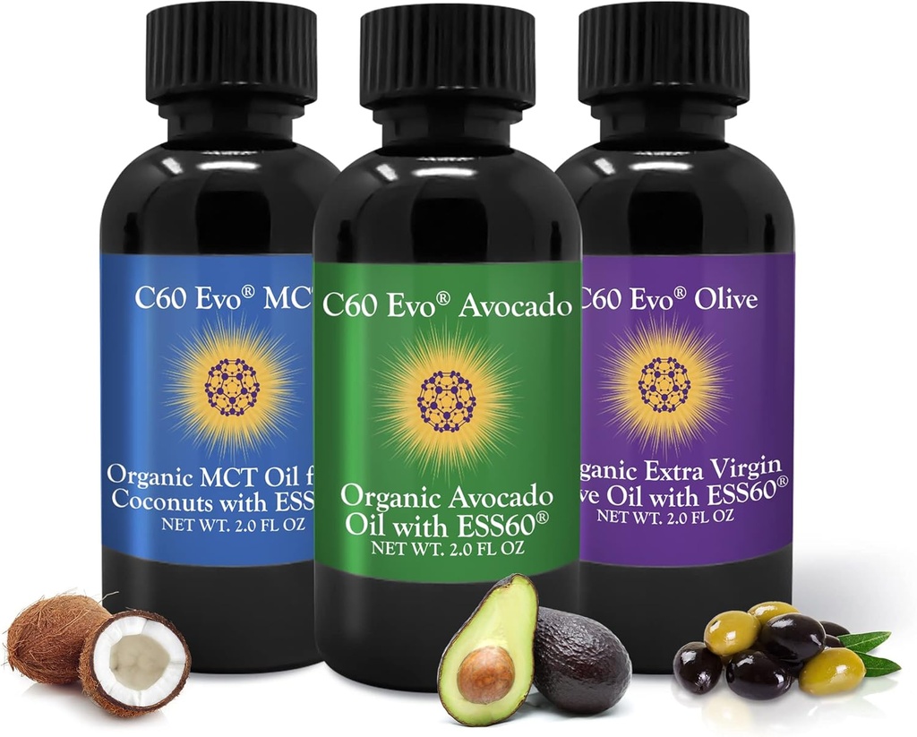 C60 Evo All-Natural Edible Oils, Mini Oil Sampler Set with Pure C60 ESS60, Immune Support and Joint Support with Olive Oil, Avocado Oil & MCT קוקוס שמן, סט של 3, 2 oz
