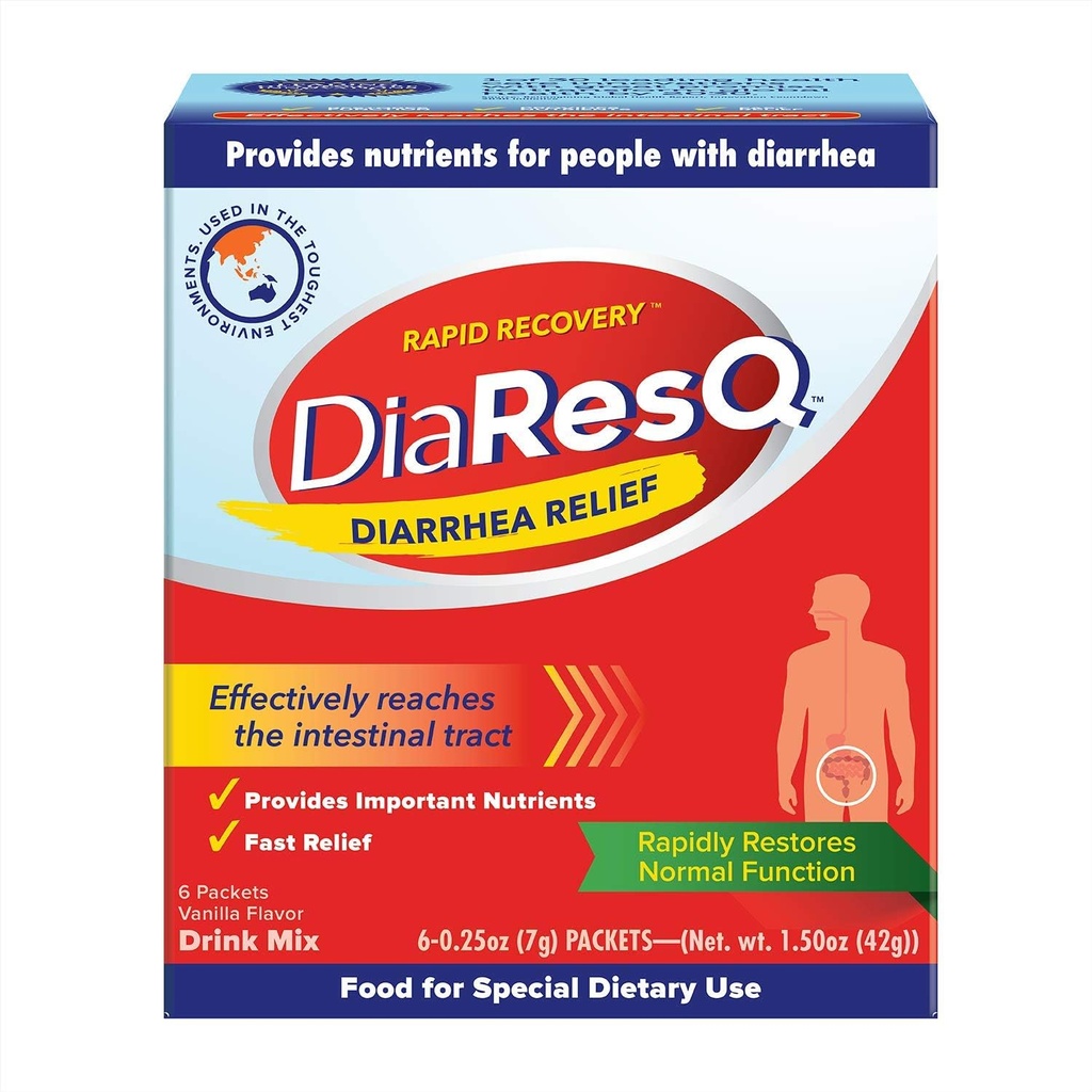 DiaResQ Diarrhea & Immune Support Colostrum Yetişkin üçün mix, 6 Ct, Rapid Recovery, Normal Intestinal funksiya, Vanilla Flavor