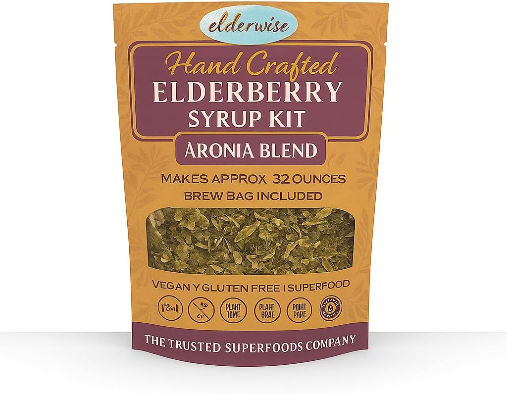Elderwise Elderberry Aronia Berry Syrup Kit - Elderberries, Aronia Berries, Rosehips, Ginger, Echinacea, Cinnamon eta Cloves, Makes 32oz of Syrup, Brewing Bag Included