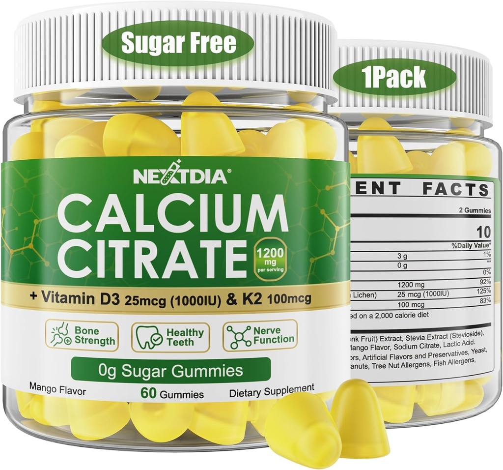 Citrato de calcio Gummies 1200mg con vitamina D3 K2, Suplemento de calcio para mulleres e homes, B0ne de alta potencia, Te*th, forza e saúde inmune, Mango Flavor, Non-GMO, Sugar Free, 60 Cts