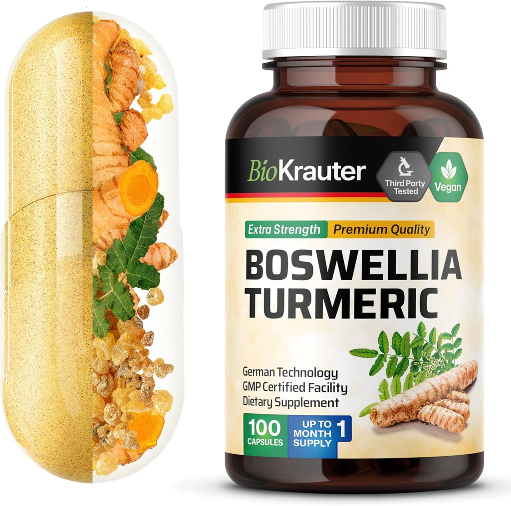 BIO KRAUTER Kurkuma supplement met Boswellia Extract Capsules - 2000 mg Blend - 100 Telling - Vegan Boswellia Turmeric (Curcumin) - Formule w/Black Pepper