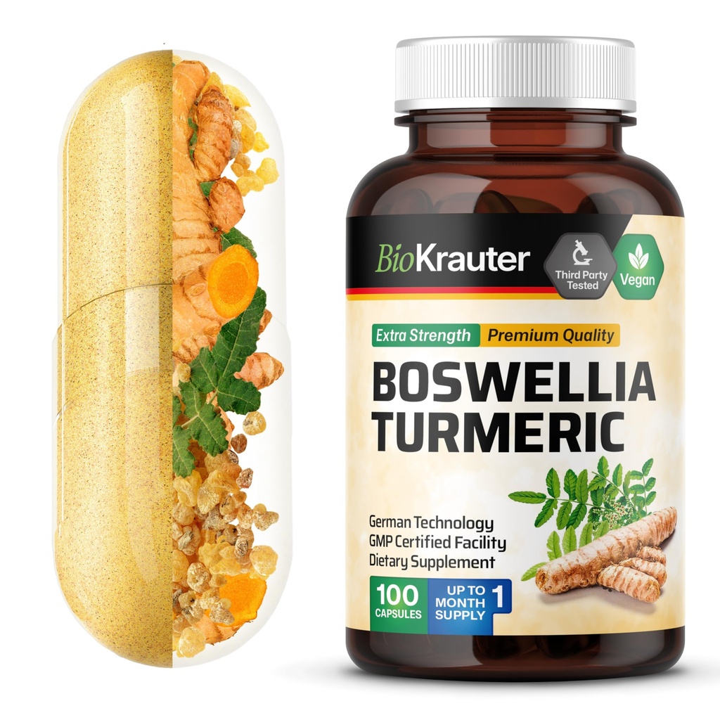 BIO KRAUTER® Turmeric Curcumin Supplement with Boswellia for Mobility Support - Vegan Turmeric with Black Pepper & Boswellia Extract 100 Capsules, 33 Days of Supply - Natural Digestive Support