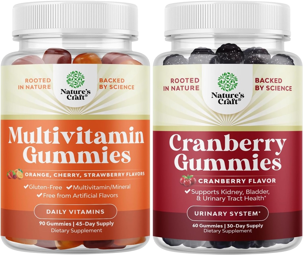 Bundle of Potent Daily Multivitamin Gummys for Adults and Natural Cranberry Gummys for American and Men - 维他命D A C E B12 锌和Biotin - 超强的美味抗氧化剂